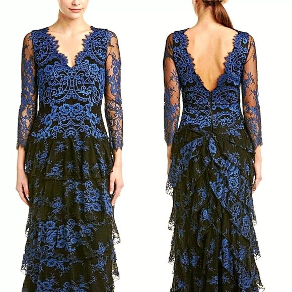 Alice + Olivia Alyssa Tiered Contrast Lace Tea Length Dress $895